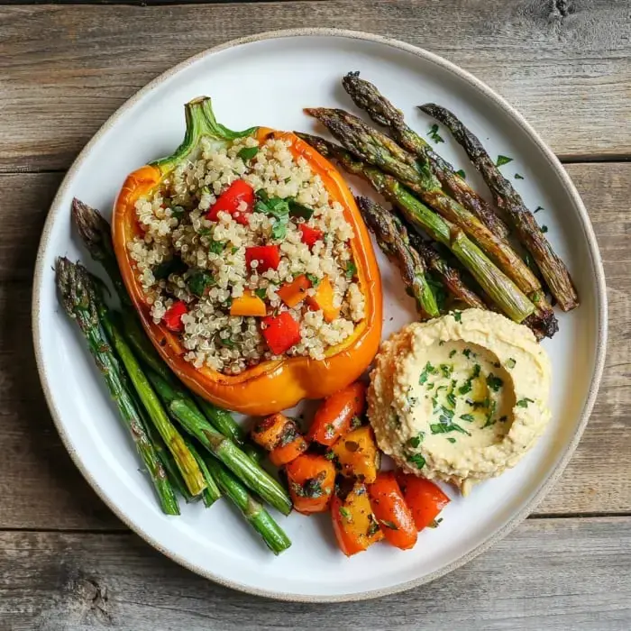 Ein gefüllter Paprika mit Quinoa und Gemüse, serviert mit geröstetem Spargel und Karotten sowie einem Klecks Hummus.