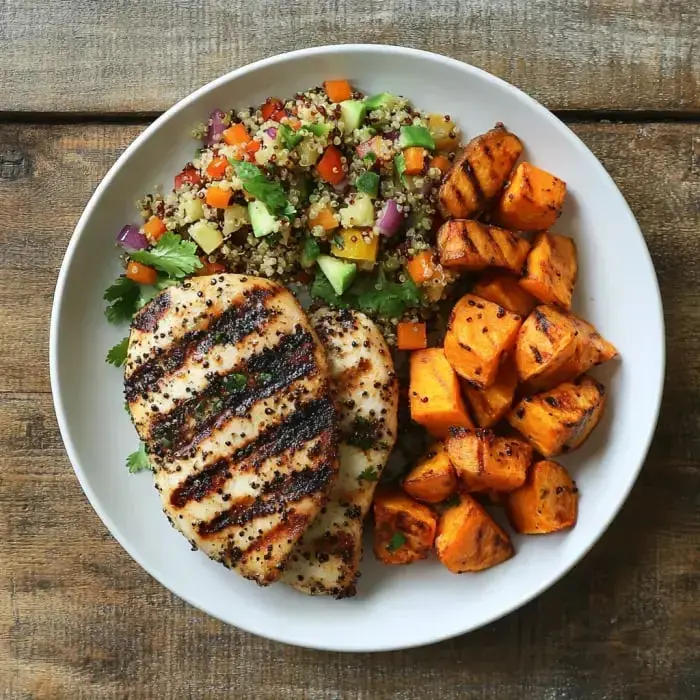 Ein Teller mit gegrilltem Hühnchen, Quinoa-Salat und gerösteten Süßkartoffeln.