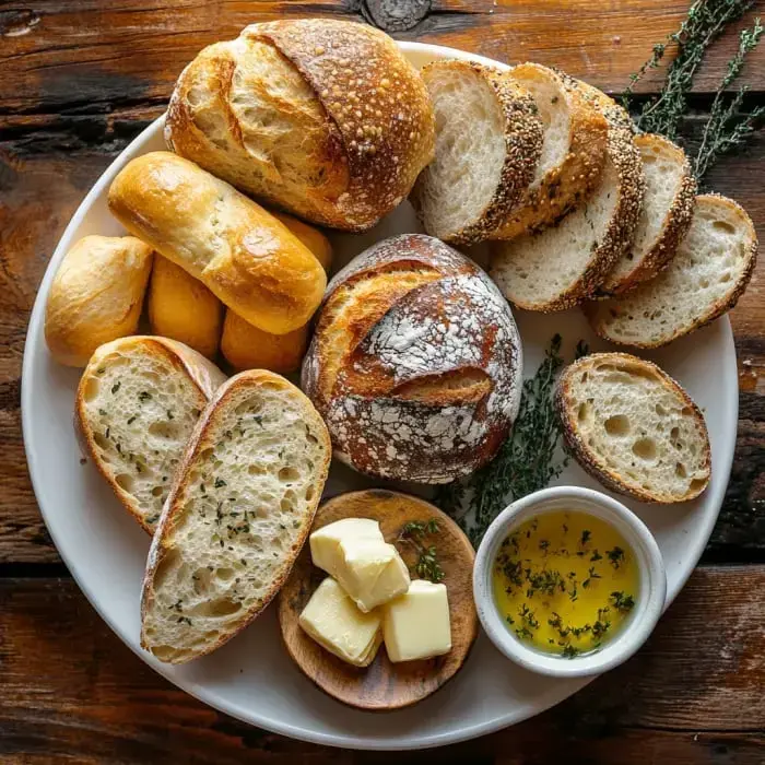 Ein Teller mit verschiedenen Brotsorten, darunter Brötchen, Bauernbrot und Baguette, zusammen mit Butter und Kräutern in einer Schüssel.