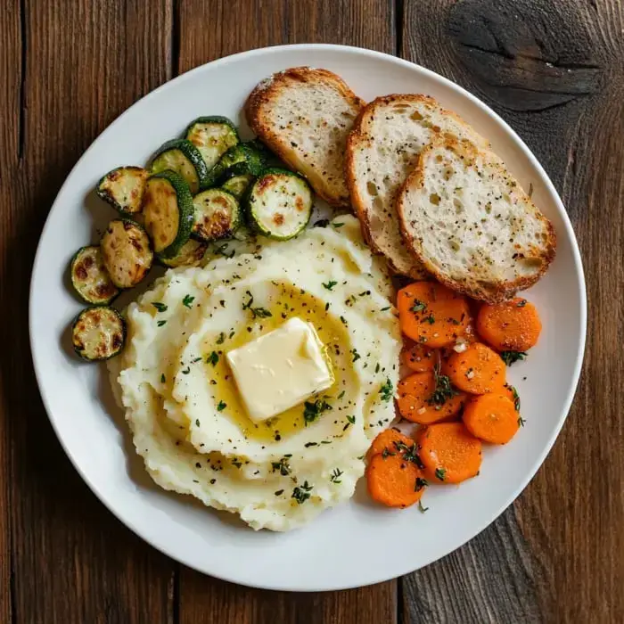 Ein Teller mit Kartoffelbrei, einem Stück Butter, gekochten Karotten, gebratenen Zucchini und Scheiben Toastbrot.