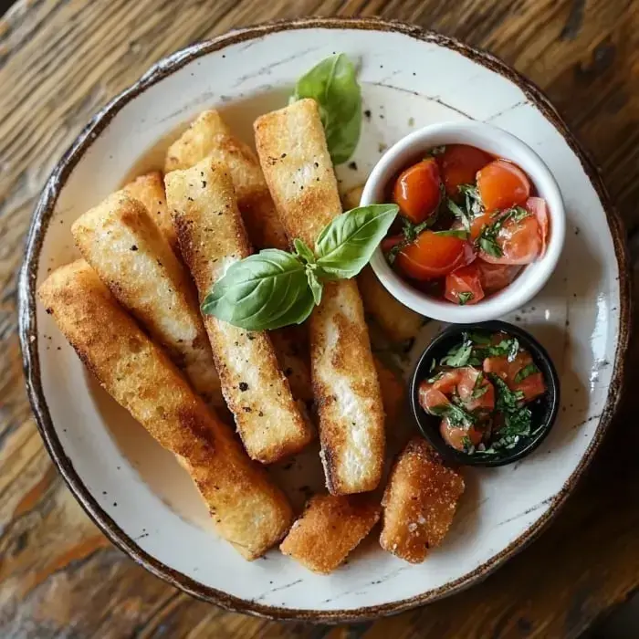 A plate of golden-brown fried sticks served with two small bowls of fresh tomato salsa and a basil leaf for garnish.