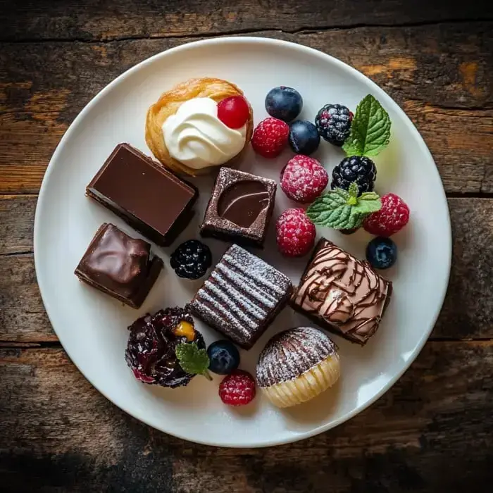 Ein Teller mit verschiedenen Schokoladendesserts, darunter Kuchen, Trüffel und frische Beeren.