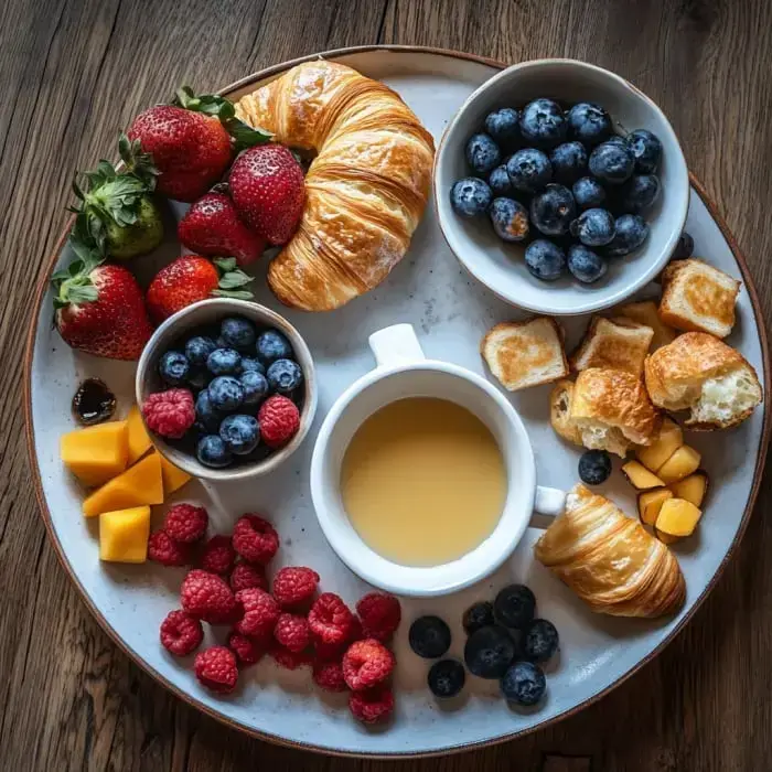 Ein Teller voller frischer Früchte, Croissants und einer Tasse Saft.