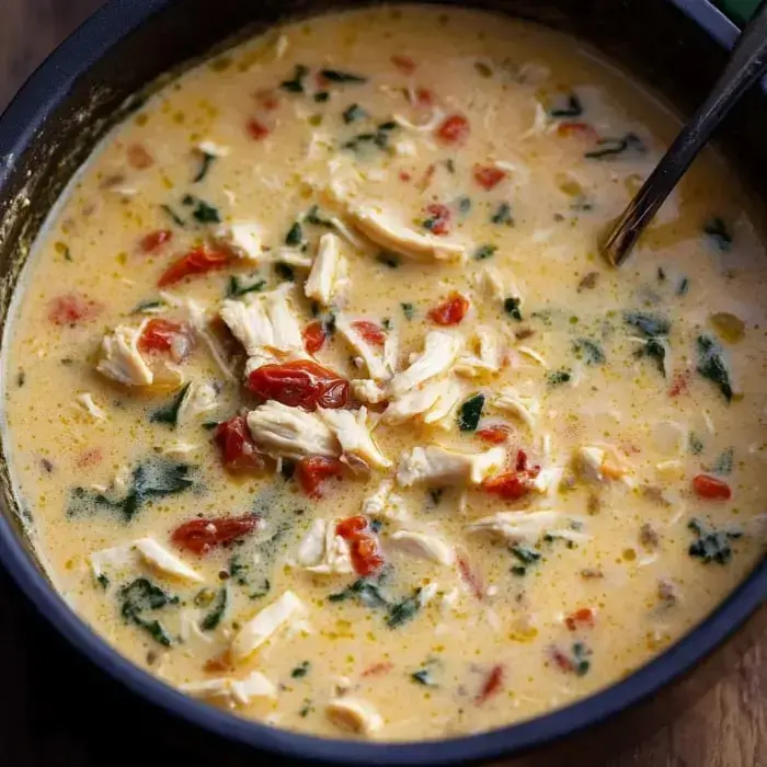 Eine Nahaufnahme einer cremigen Suppe mit zerkleinertem Hähnchen, Spinat und sonnengetrockneten Tomaten in einer dunklen Schale.