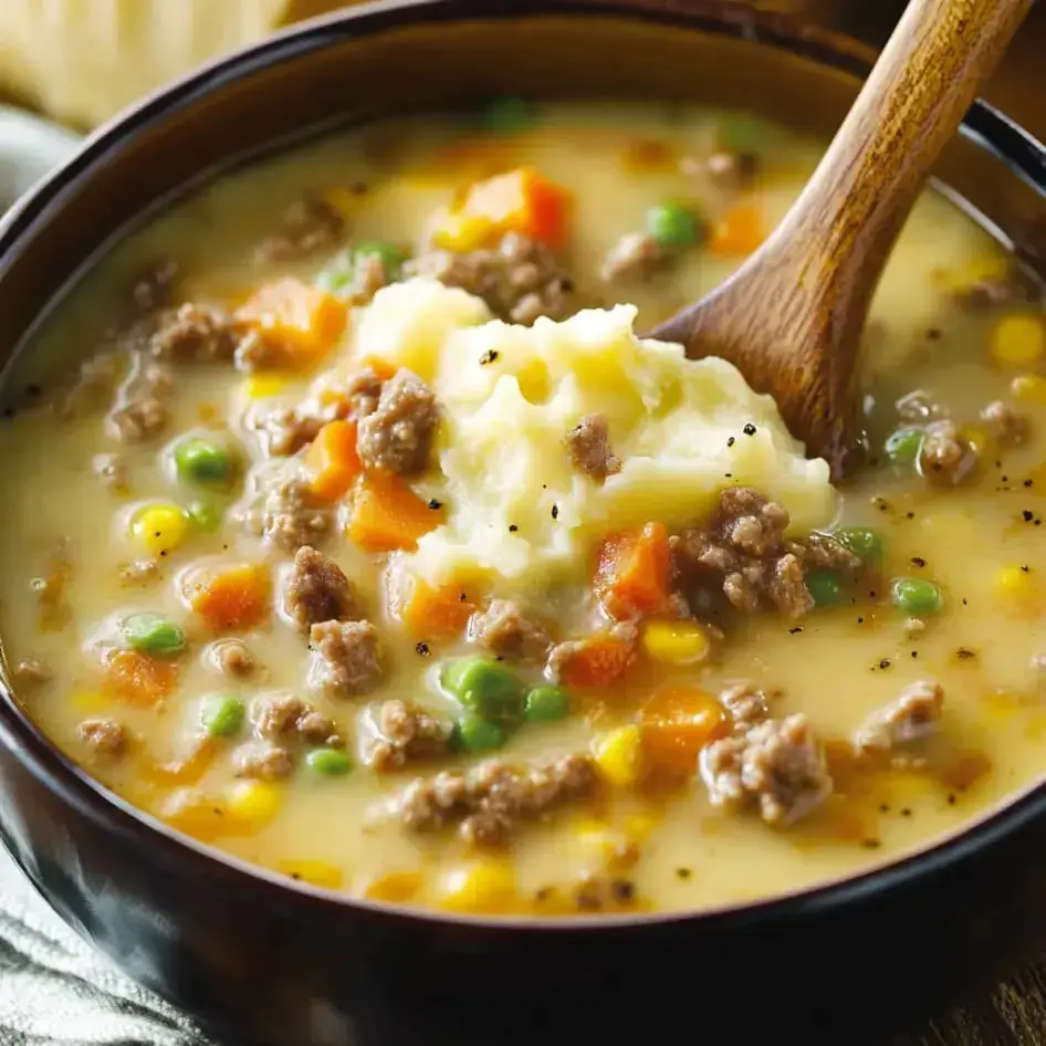 Eine Schüssel cremiger Suppe mit Hackfleisch, Gemüse und einem Löffel Kartoffelpüree, serviert mit einem Holzlöffel.