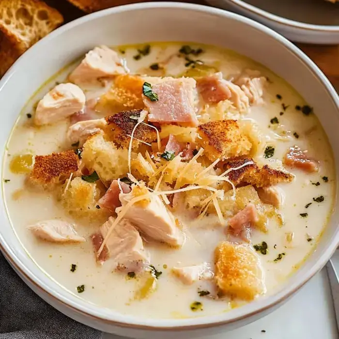 Eine Schüssel cremige Suppe mit zerzupftem Hähnchen, Schinken, Croûtons und Kräutergarnitur.