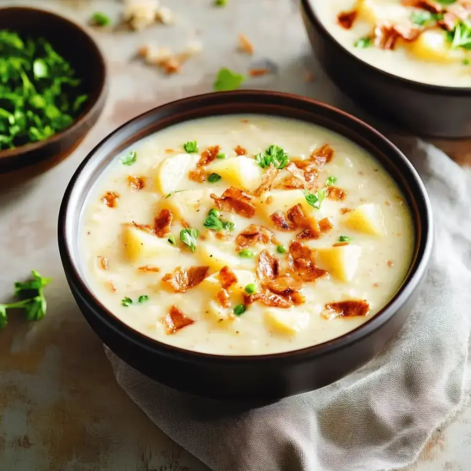 Eine Schüssel cremige Kartoffelsuppe, garniert mit knusprigem Bacon und frischer Petersilie, dazu eine Schüssel gehackter Koriander.