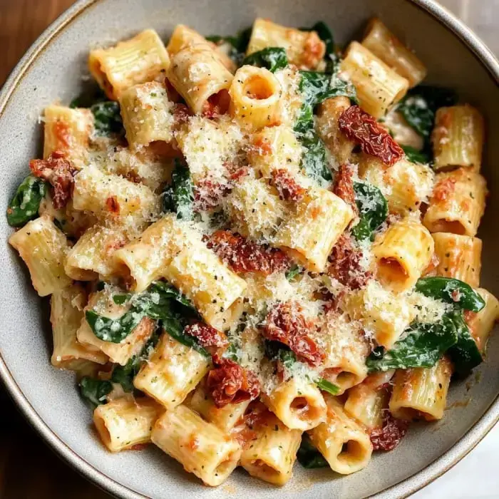 Eine Schüssel Rigatoni mit Spinat und getrockneten Tomaten, garniert mit geriebenem Käse.