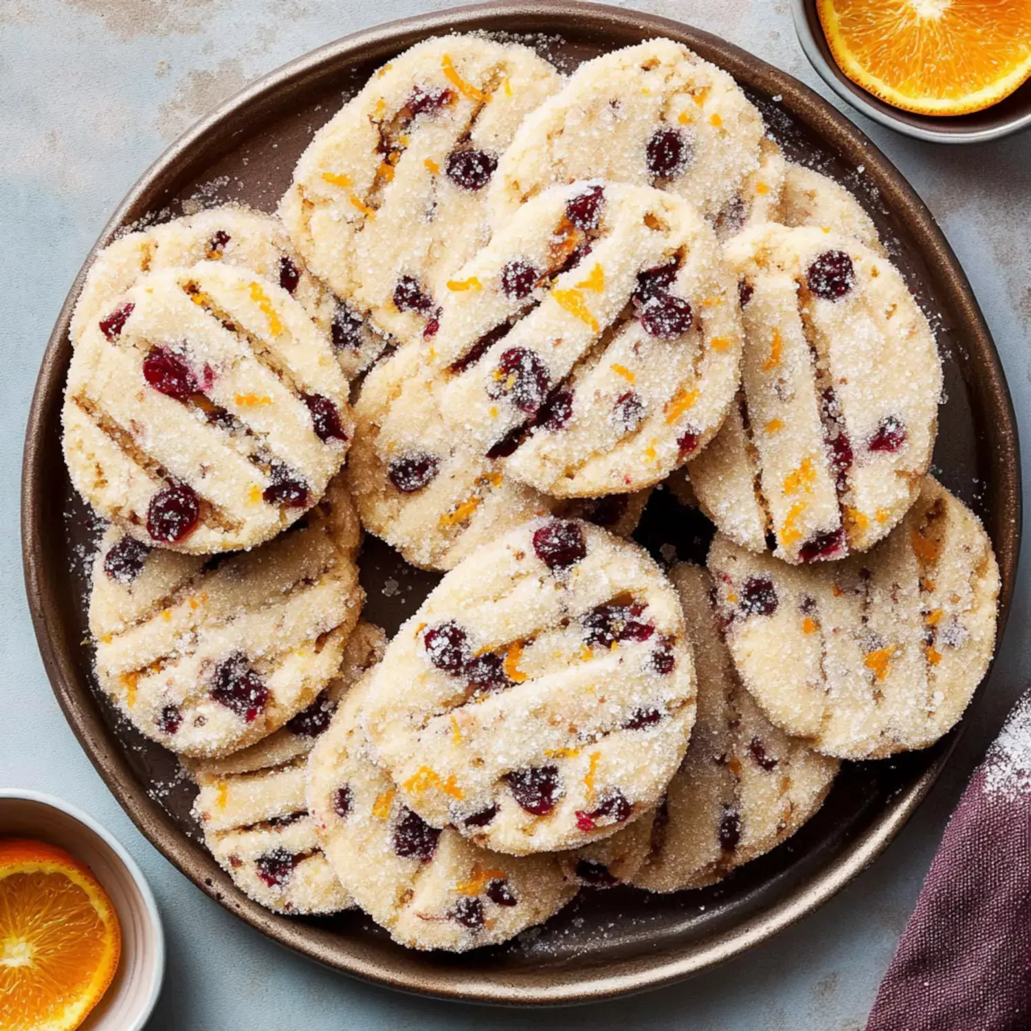 Ein runder Teller gefüllt mit zuckerumhüllten Zitrus- und Cranberry-Plätzchen.