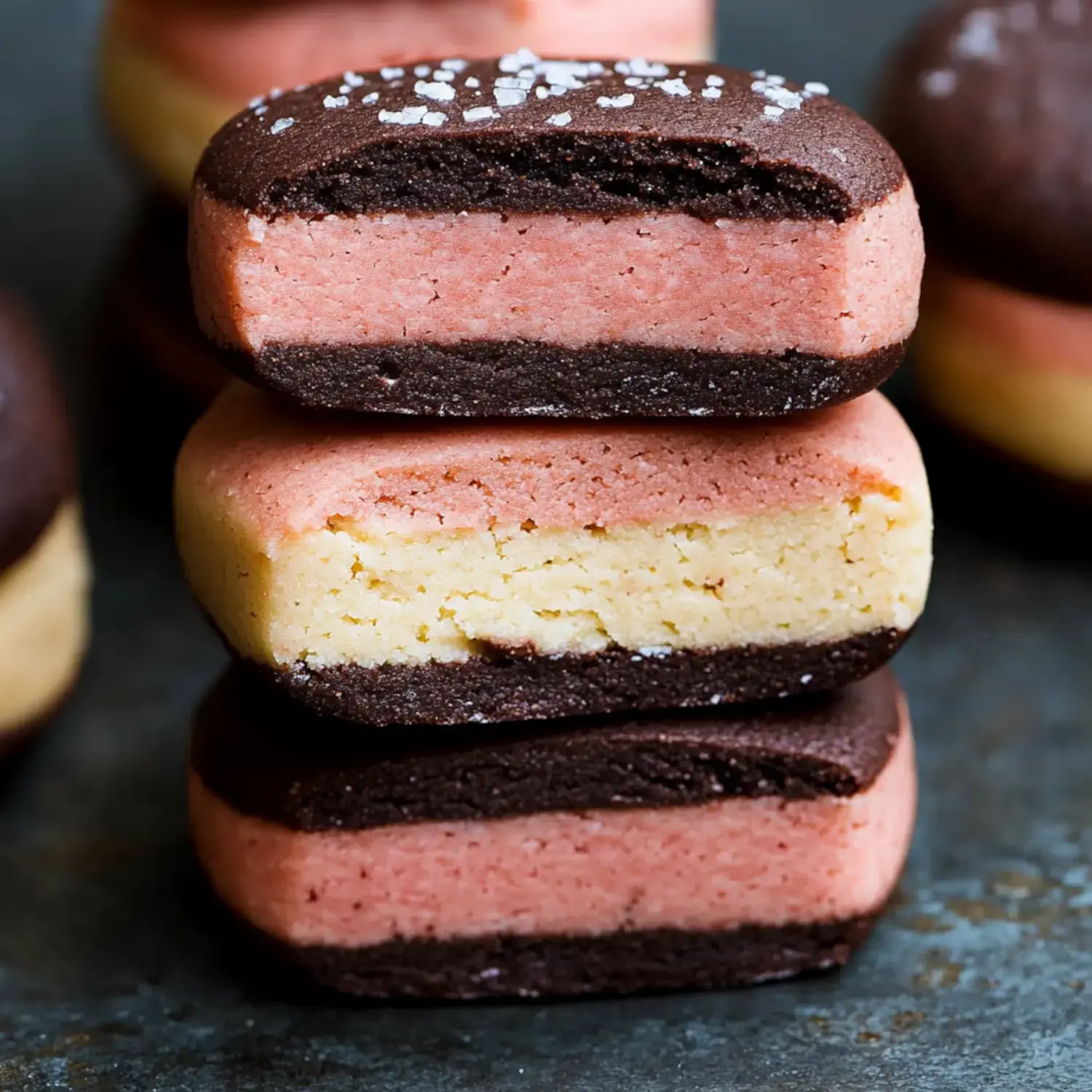 Ein Stapel geschichteter Plätzchen mit rosa, gelben und dunkelbraunen Abschnitten, bestreut mit Meersalz.