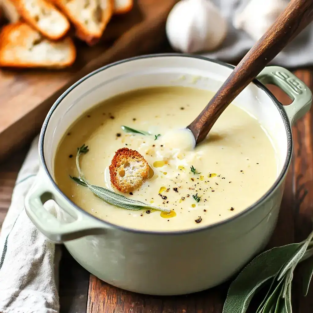 Eine Schüssel cremiger Suppe, garniert mit Kräutern und einem Stück geröstetem Brot, begleitet von Knoblauch und weiteren Brotscheiben im Hintergrund.