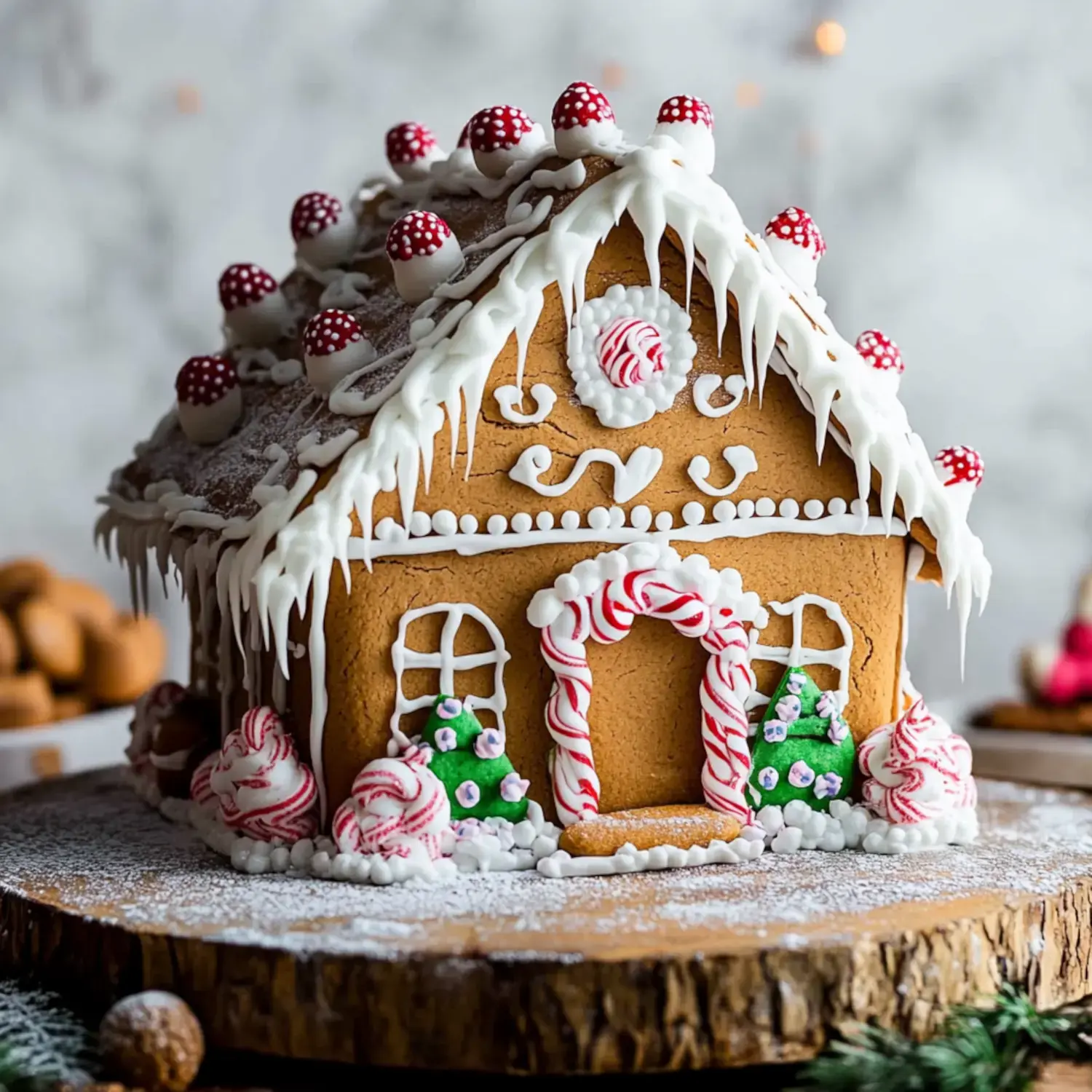 Ein wunderschön dekoriertes Lebkuchenhaus, gekrönt mit rot-weißen Zuckerpilzen, Zuckerglasur und Minzdetails, steht auf einem Holzservierbrett.