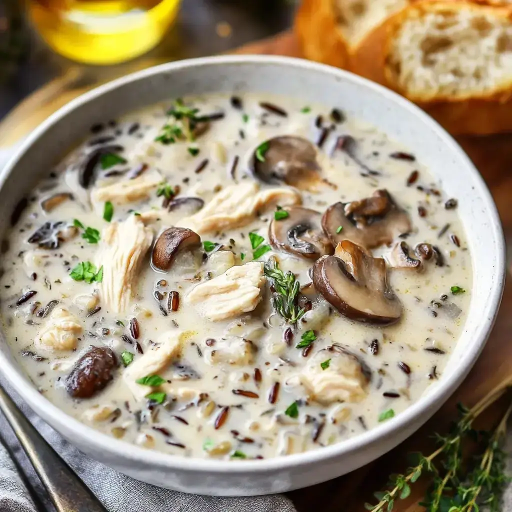 Eine cremige Hähnchen-Wildreis-Suppe mit Pilzen und Kräutern in einer Schüssel serviert, begleitet von einem Stück Brot.