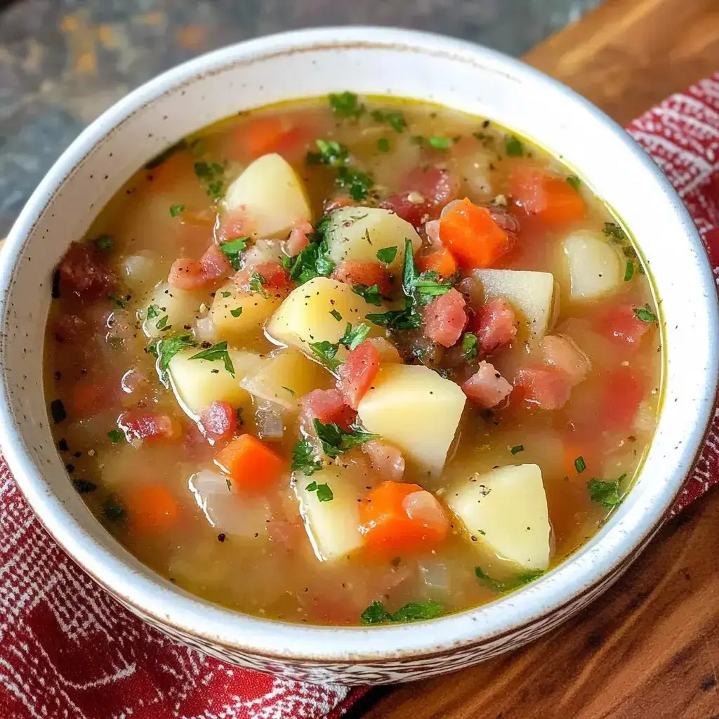 Eine Schüssel herzhafte Suppe mit Kartoffeln, Karotten, Speck und Kräutern, serviert auf einer Holzoberfläche mit einem gemusterten roten Tuch.