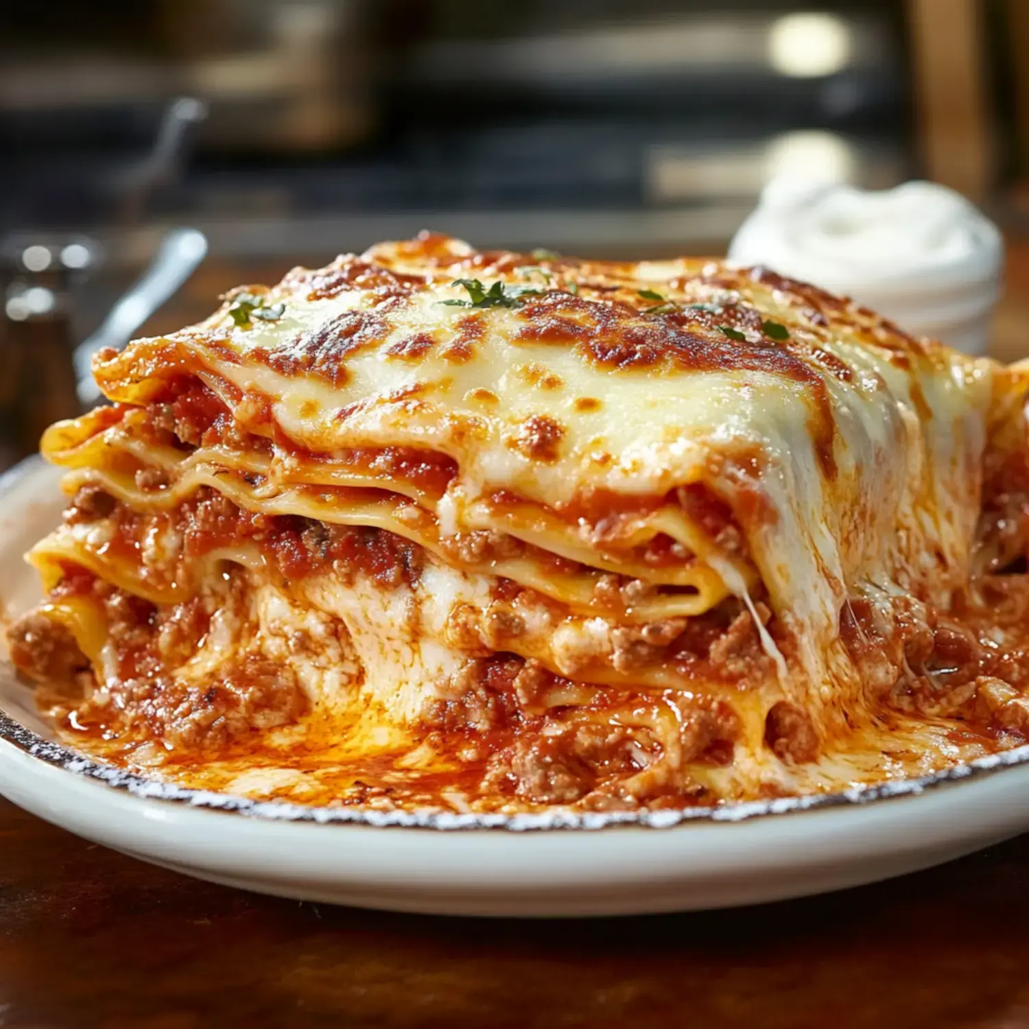 Eine herzhafte Portion Lasagne mit Schichten aus Fleisch, Käse und Sauce, aus der geschmolzener Käse quillt, auf einem Teller.