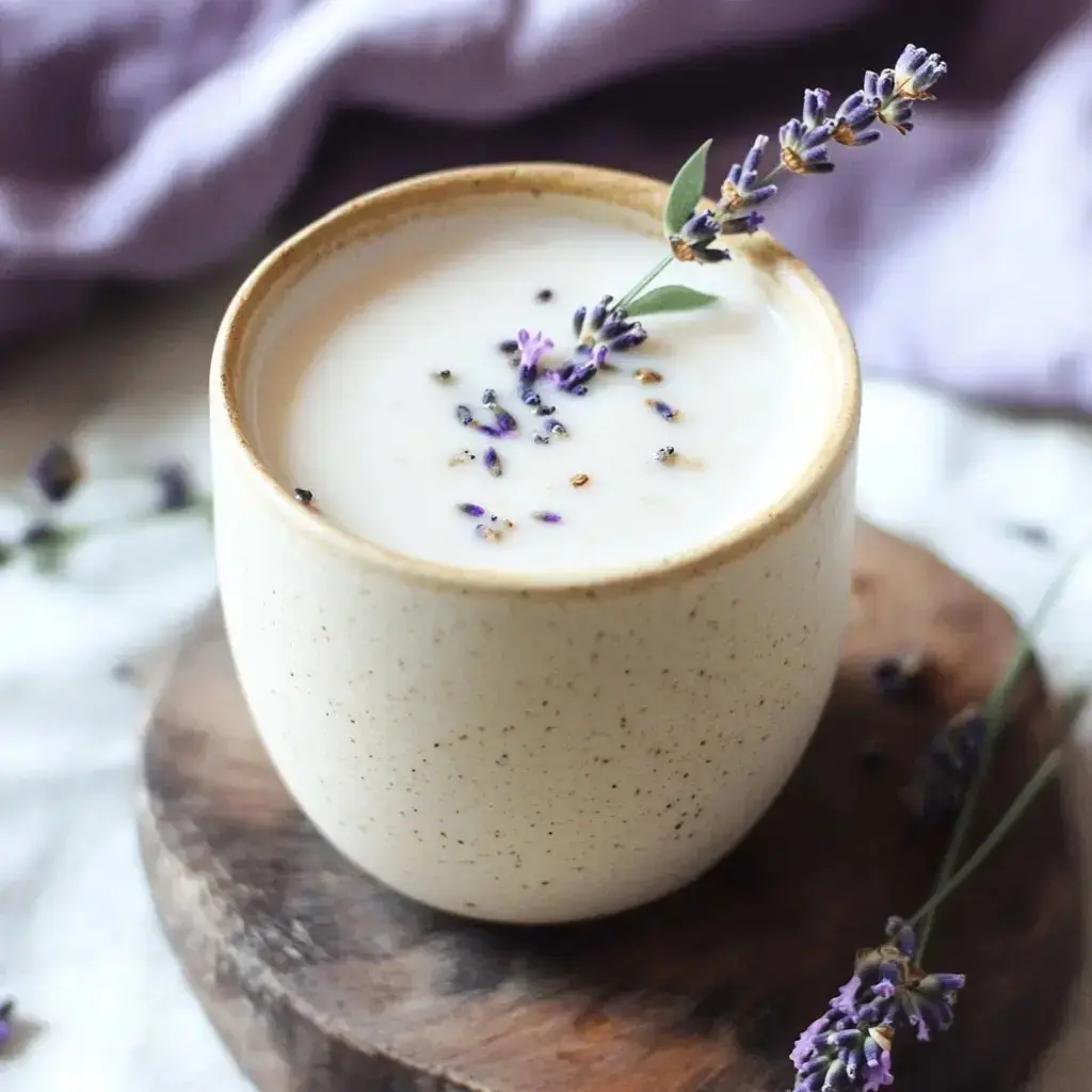 Eine Tasse Lavendel-Getränk mit getrockneten Lavendelblüten garniert steht auf einer runden Holzoberfläche, umgeben von Lavendelzweigen und einem weichen lila Stoff im Hintergrund.