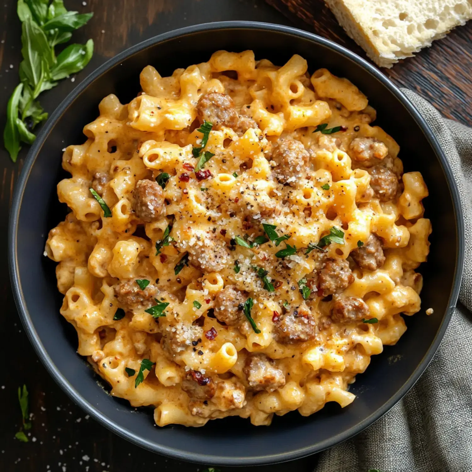 Eine schwarze Schüssel gefüllt mit cremiger Pasta, garniert mit Wurstbrät, Petersilie und Gewürzen, begleitet von einer Scheibe Brot.