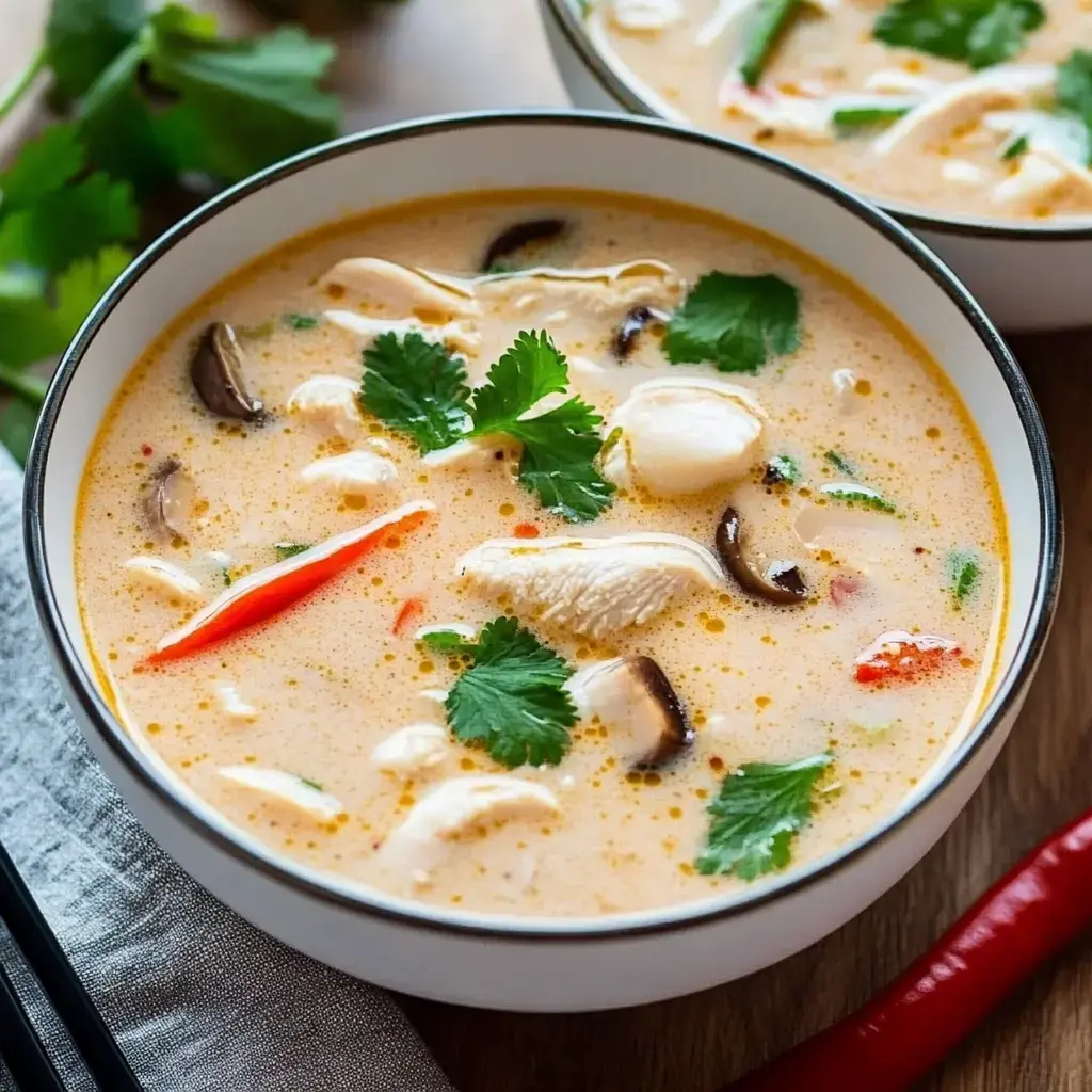 Eine Schüssel cremiger Suppe garniert mit Koriander, Hähnchenscheiben, Pilzen und einer roten Chili.