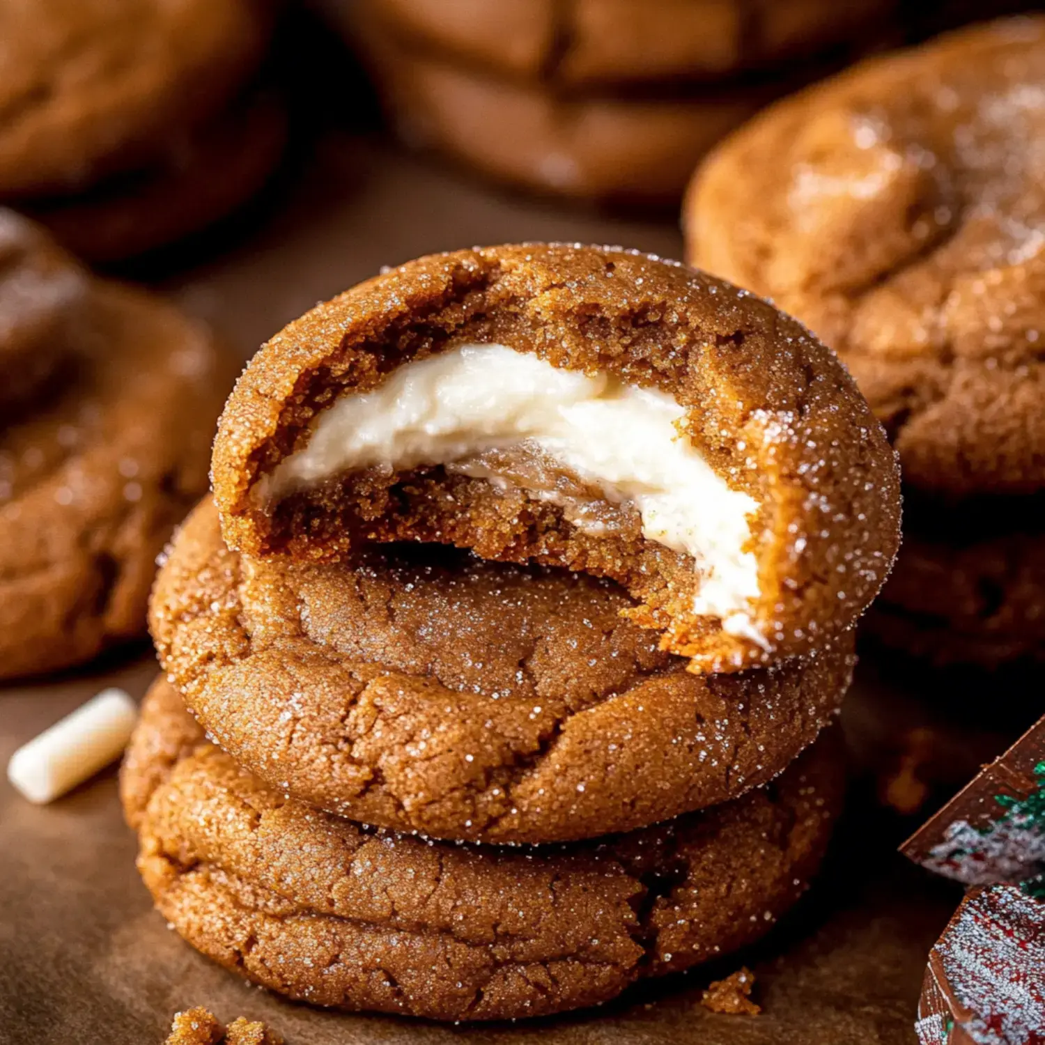 Ein Stapel gebackener Lebkuchen mit cremiger Füllung teilweise angebissen umgeben von weiteren Plätzchen.