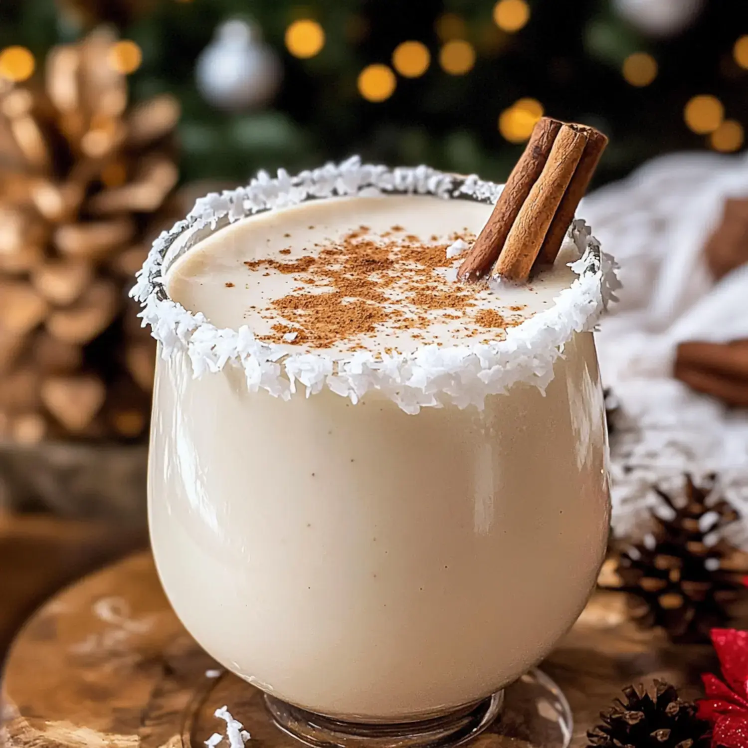 Ein festliches Glas cremiges Getränk ist mit Kokosflocken und Zimtstangen garniert, vor einem verschwommenen weihnachtlichen Hintergrund.