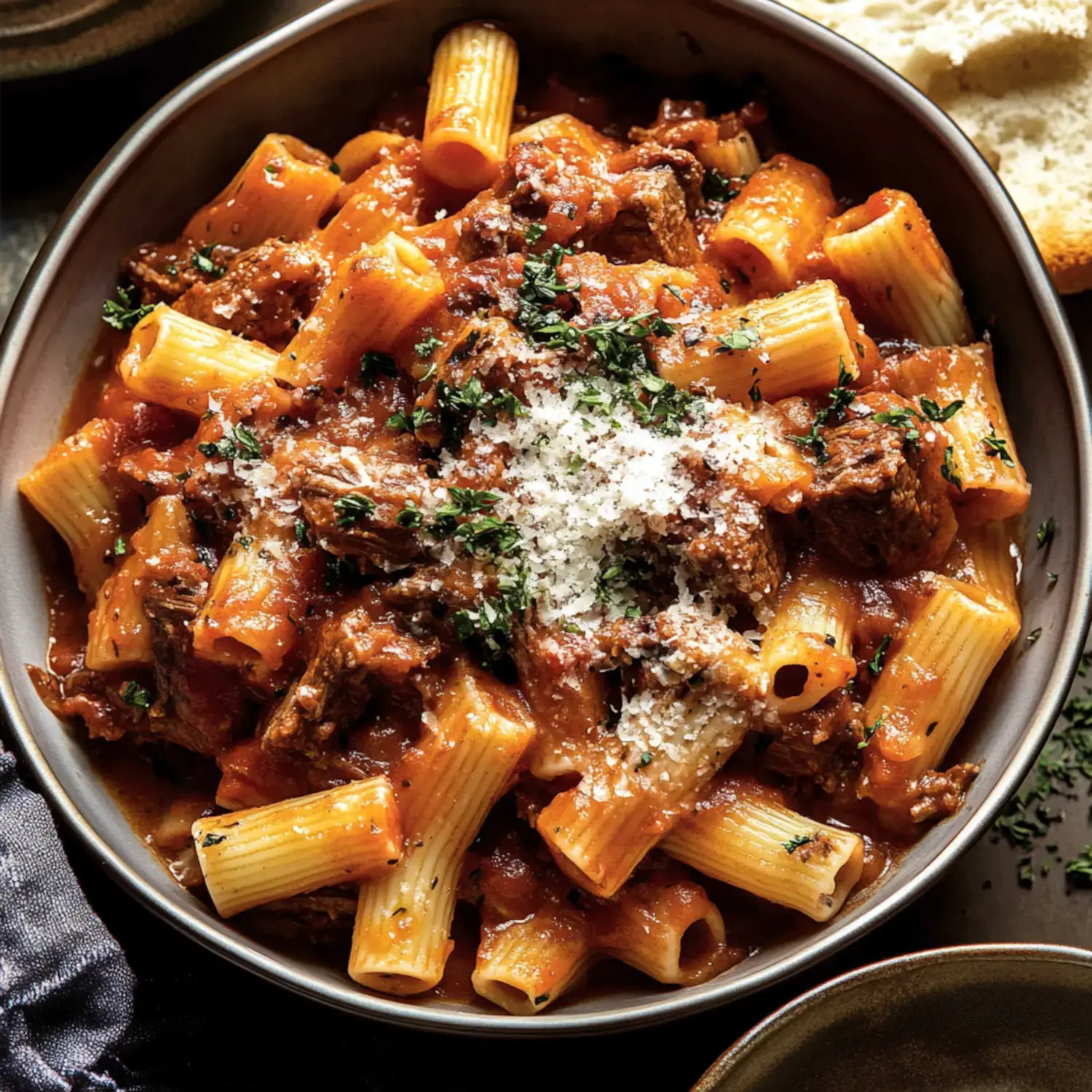 Eine Schüssel Rigatoni garniert mit Rinderhack und Tomatensoße, dekoriert mit Petersilie und geriebenem Käse, serviert mit einem Stück Brot.