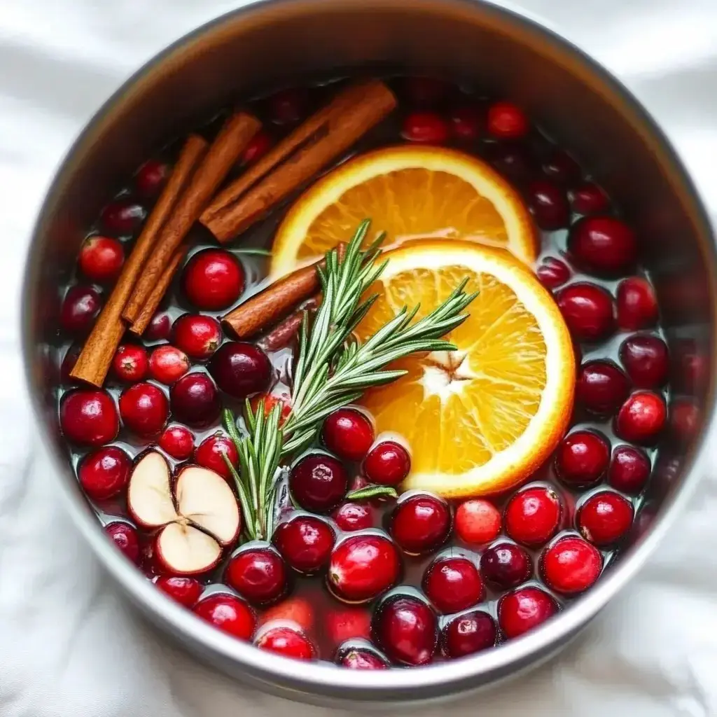 Ein Topf gefüllt mit Cranberries, Orangenscheiben, Zimtstangen und Rosmarin in Wasser schwimmend.