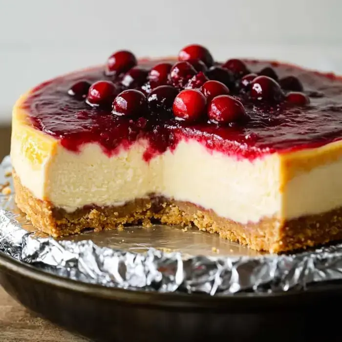 Ein cremiger Cheesecake mit Cranberry-Belag und einem herausgeschnittenen Stück, das die Schichten zeigt.