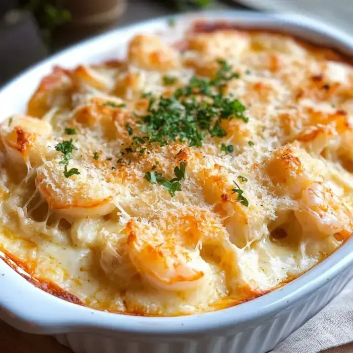 Ein gebackenes Gericht mit Garnelen, überbacken mit geschmolzenem Käse und einem Hauch Kräuter.