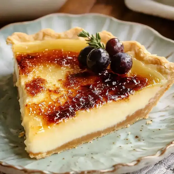 Ein Stück cremiger Vanillekuchen mit karamellisierter Decke, garniert mit Blaubeeren und Minze, serviert auf einem dekorativen Teller.