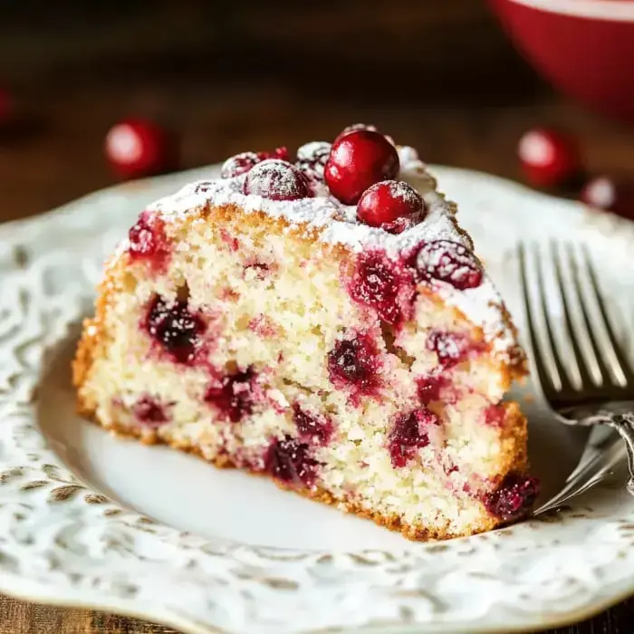 Ein Stück Cranberry-Kuchen mit Puderzucker bestäubt liegt auf einem verzierten Teller neben einer Gabel.