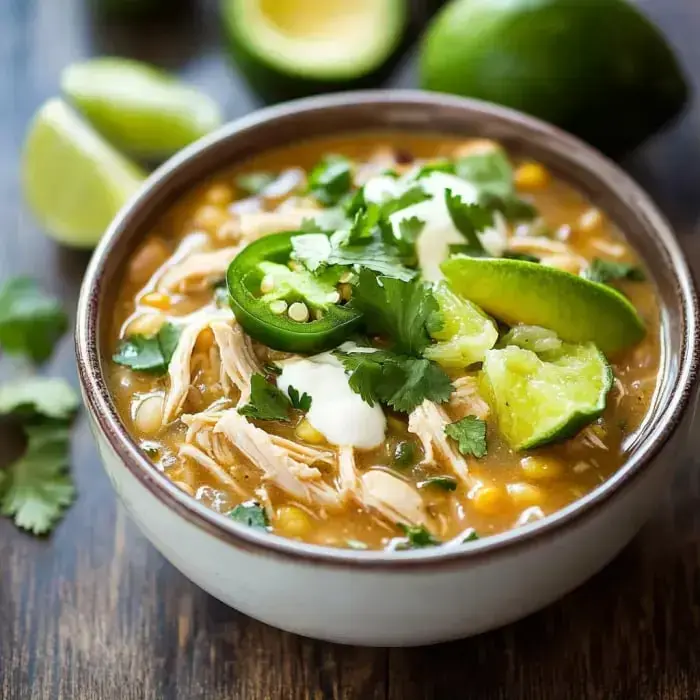 Eine Schüssel Hühnersuppe garniert mit Jalapeños, Koriander, Limettenspalten und einem Klecks saurer Sahne.