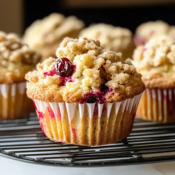 Eine Nahaufnahme eines Muffins mit krümeligem Streusel und dunklen Beeren auf einem Abkühlgitter.