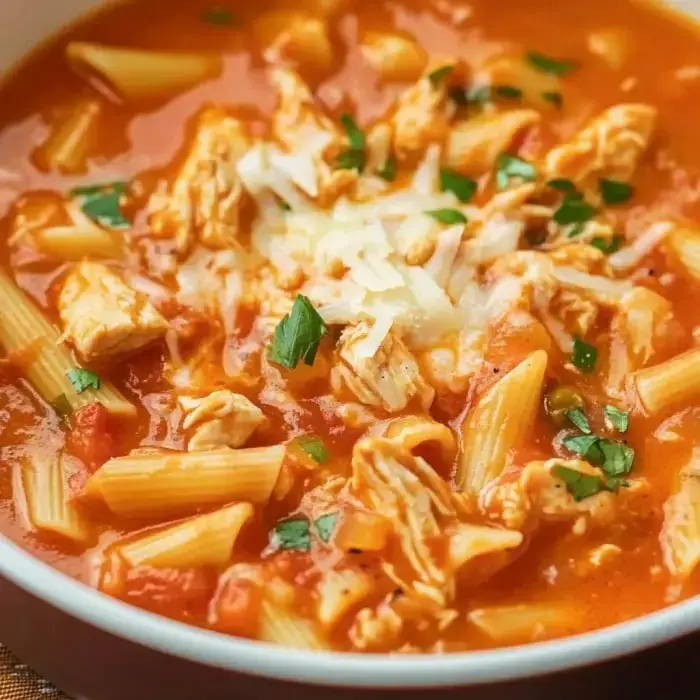 Eine Schüssel Nudelsuppe mit Hähnchenfleisch, Tomaten und Kräutern in cremiger Tomatenbrühe.