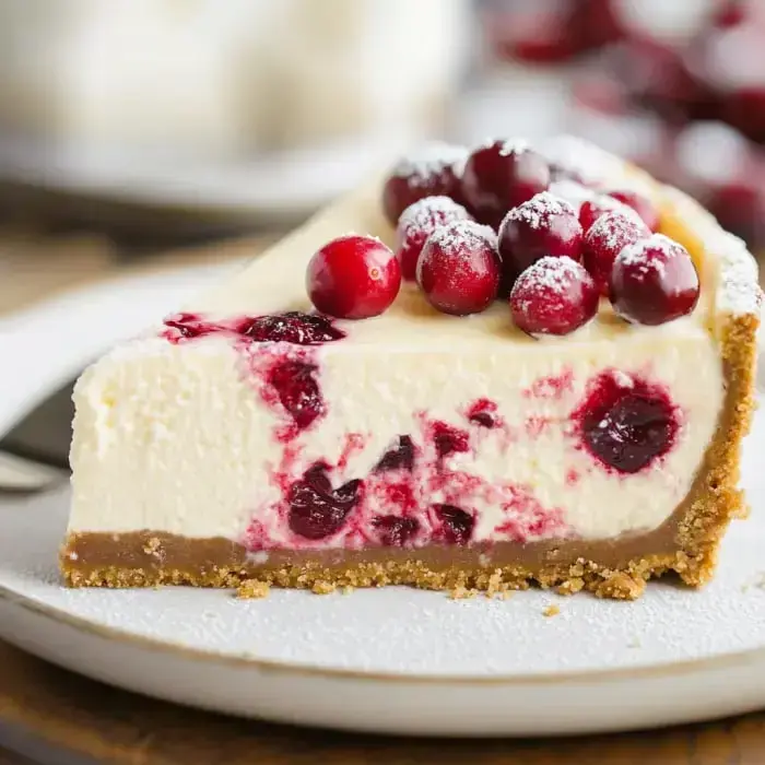 Ein Stück cremiger Käsekuchen mit frischen Cranberrys und Puderzucker bestäubt.