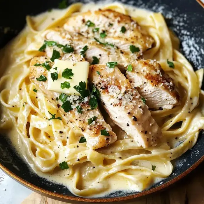 Eine köstliche Portion Fettuccine Alfredo, belegt mit gegrilltem Hähnchen, Butter, Petersilie und geriebenem Käse.