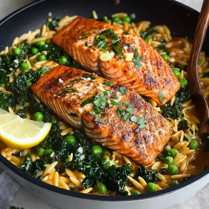 Eine Pfanne gefüllt mit Orzo-Pasta, sautiertem Grünkohl und Erbsen, darauf zwei Stück gewürzter gegrillter Lachs, garniert mit Kräutern und Zitronenspalten.