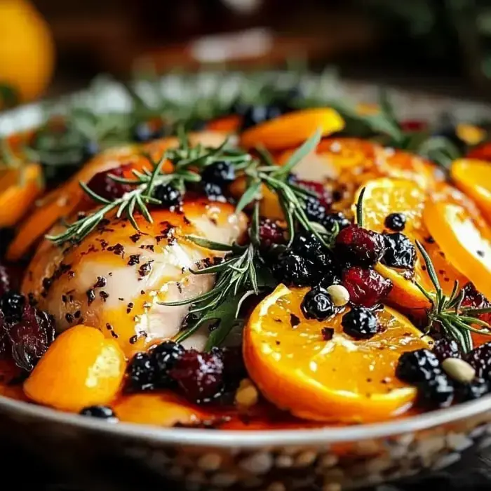 Eine Nahaufnahme eines gebratenen Truthahns garniert mit Orangenscheiben, Kräutern und gemischten Beeren in würziger Glasur.