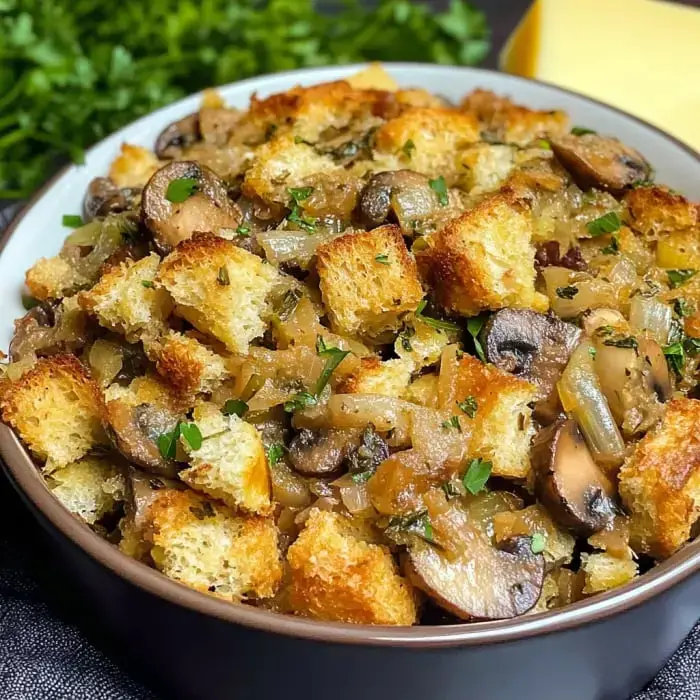 Eine Schüssel mit herzhafter Brotfuellung aus gerösteten Brotwürfeln, gebratenen Pilzen, Zwiebeln und Kräutern, garniert mit Petersilie.