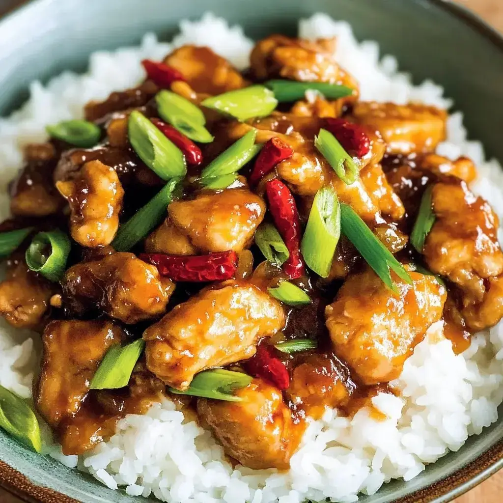 Eine Schüssel Reis mit Hähnchen in würziger Sauce, garniert mit Frühlingszwiebeln und getrockneten roten Chilis.