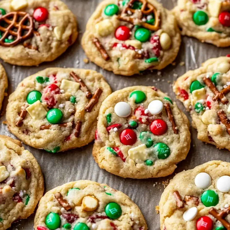 Ein Teller mit bunten Weihnachtskeksen, garniert mit grünen und roten Süssigkeiten, Brezeln und weissen Schokoladentropfen.