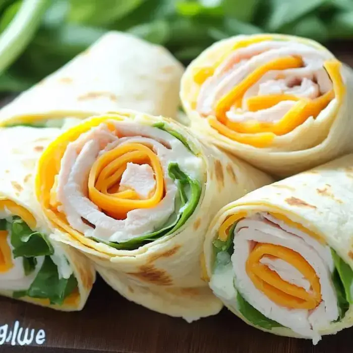 Drei gerollte Tortilla-Wraps gefüllt mit Truthahn, Käse und Grünzeug sind auf einer Holzoberfläche angerichtet.