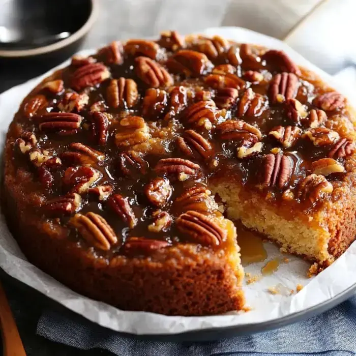 Pekannusskuchen mit Karamelldecke und einem herausgeschnittenen Stück auf Backpapier