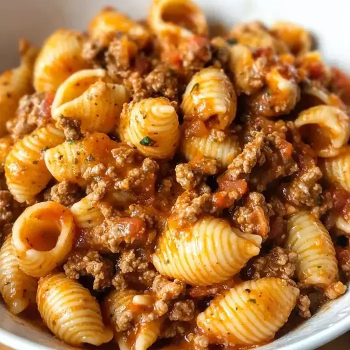 Eine Nahaufnahme einer Schüssel Muschelnudeln vermischt mit gewürztem Hackfleisch und einer reichhaltigen Tomatensauce.