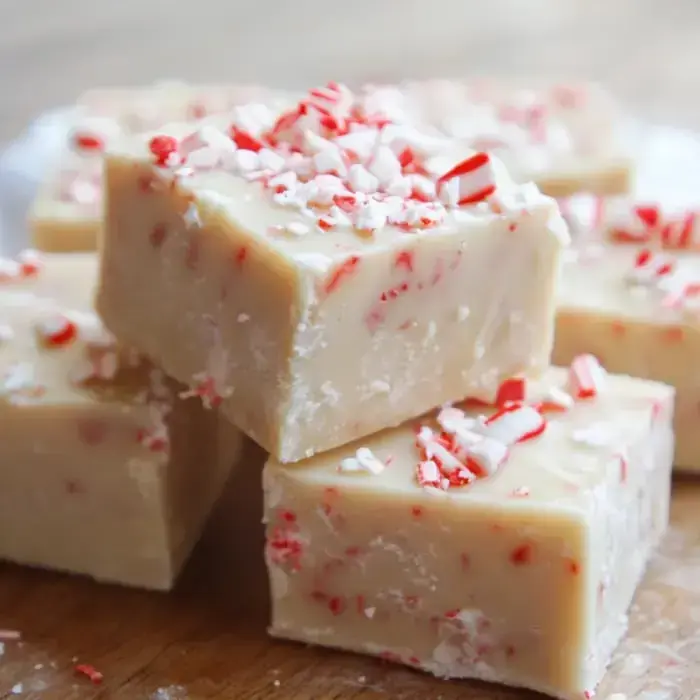 Ein Stapel cremig weißer Pfefferminz-Fudge, garniert mit zerkleinerten rot-weißen Zuckerstangen.