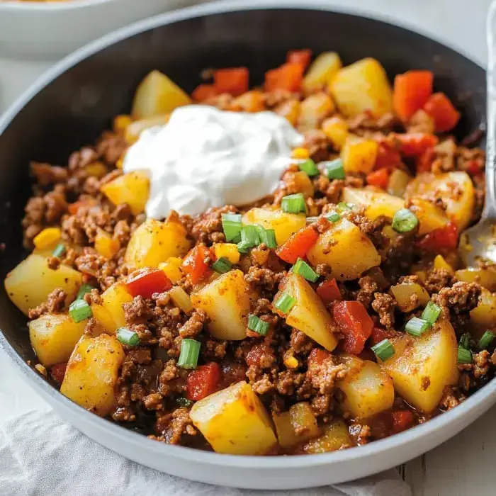 Eine Pfanne gefüllt mit Hackfleisch, gewürfelten Kartoffeln und buntem Gemüse, garniert mit einem Klecks saurer Sahne und Frühlingszwiebeln.