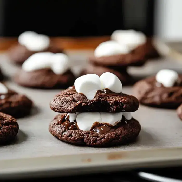 Eine Nahaufnahme von Schokokeksen gefüllt mit geschmolzener Schokolade und Marshmallows, angerichtet auf einem Backblech.