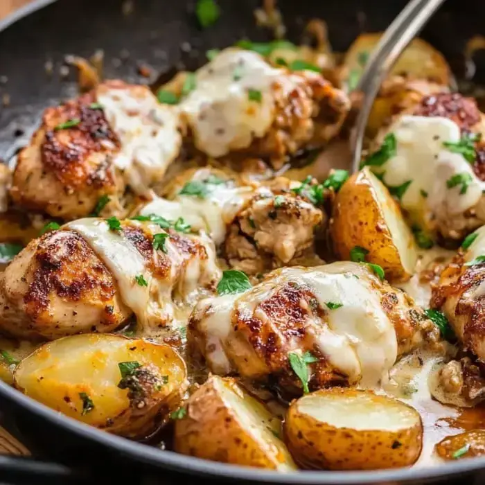 Eine Pfanne gefüllt mit gebräunten Hähnchenschenkeln, überbacken mit geschmolzenem Käse, umgeben von Röstkartoffeln und garniert mit frischen Kräutern.