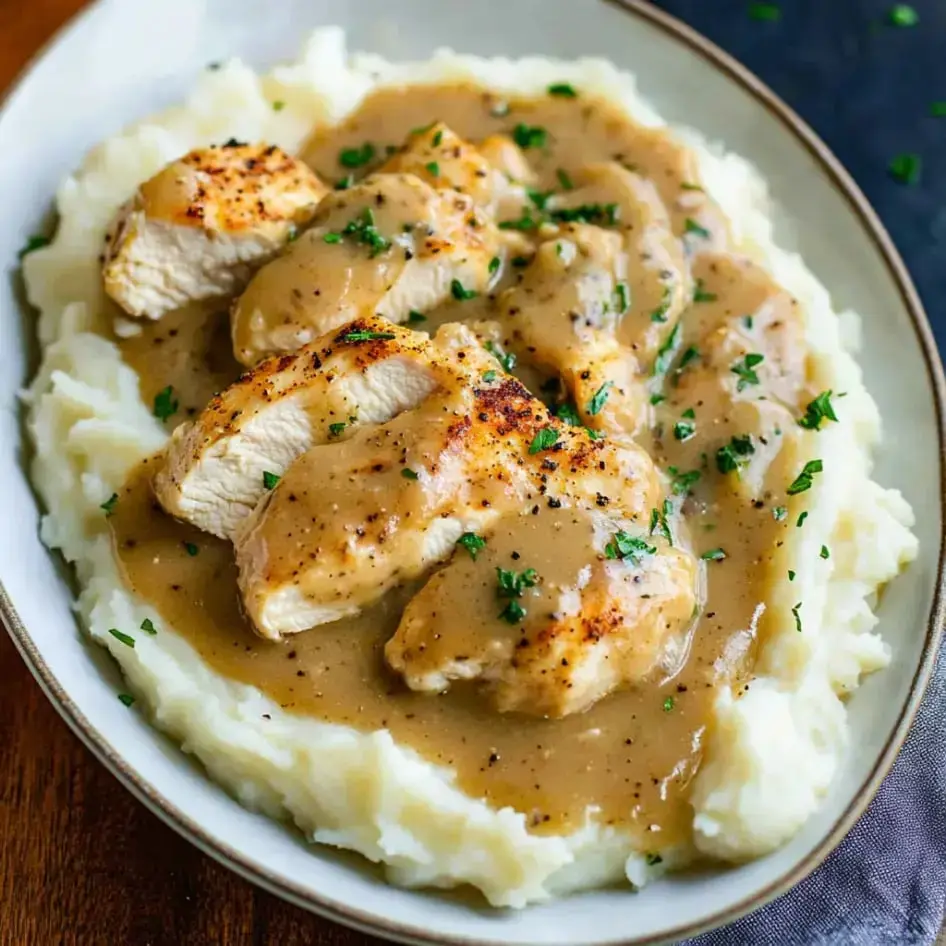 Ein Teller mit geschnittenem Hähnchenbrustfilet und Sauce, serviert auf einem Bett aus cremigem Kartoffelpüree und mit Petersilie garniert.