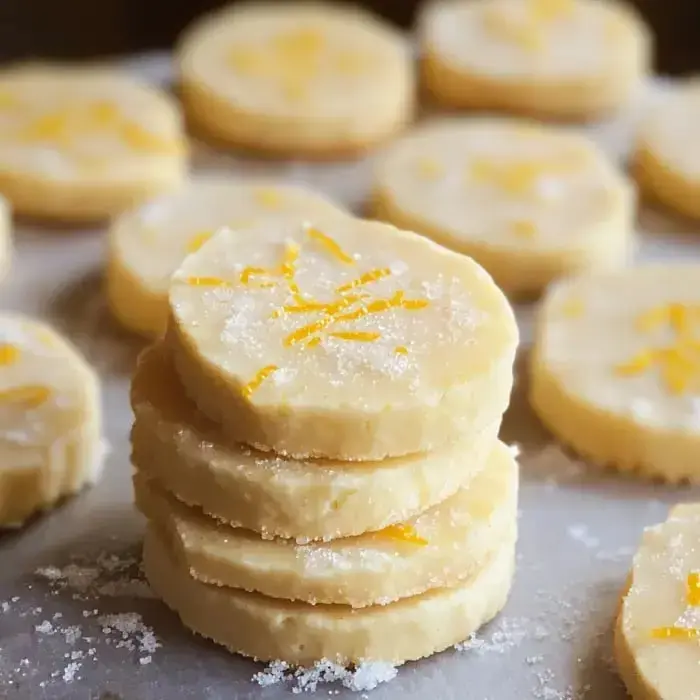 Ein Stapel runder, buttriger Plätzchen mit gelber Verzierung und Zucker, umgeben von weiteren Plätzchen auf einem Backblech.