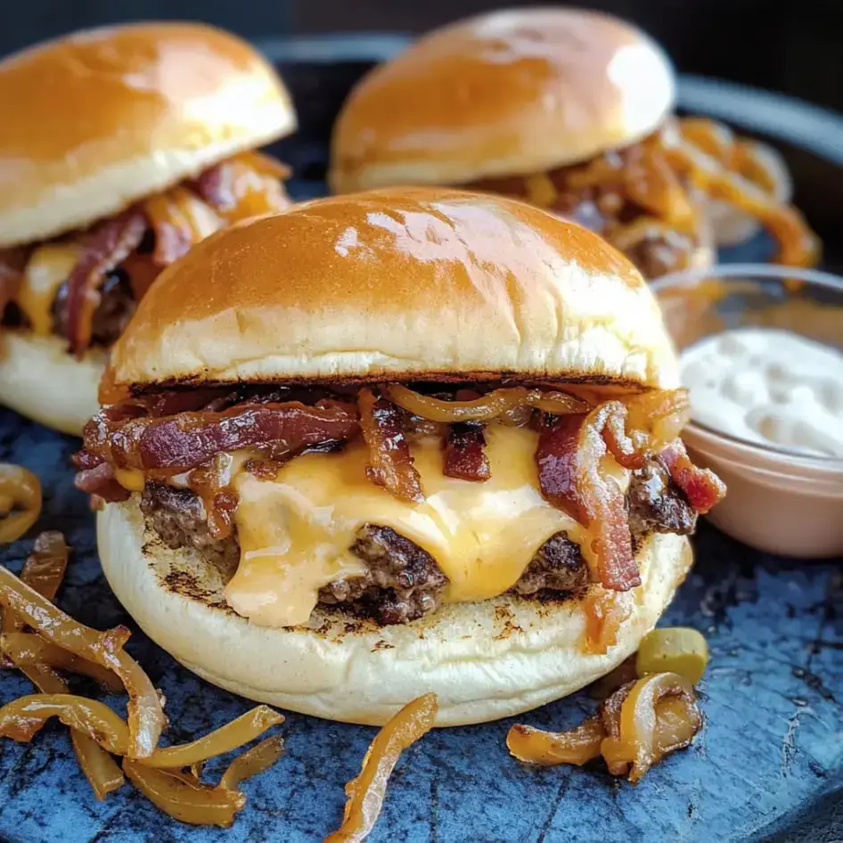 Eine Nahaufnahme eines appetitanregenden Cheeseburgers belegt mit Speck, karamellisierten Zwiebeln und serviert mit einer Dip-Sauce.